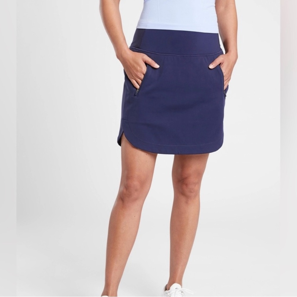 ATHLETA Fairway Golf Skort 18” Navy Blue athletic skirt pockets size Large